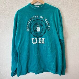 University of Hawaii UH Long Sleeve T Shirt Teal Graphic Print Hanes XL